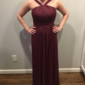 Davids Bridal Y neck mesh long dress in wine color